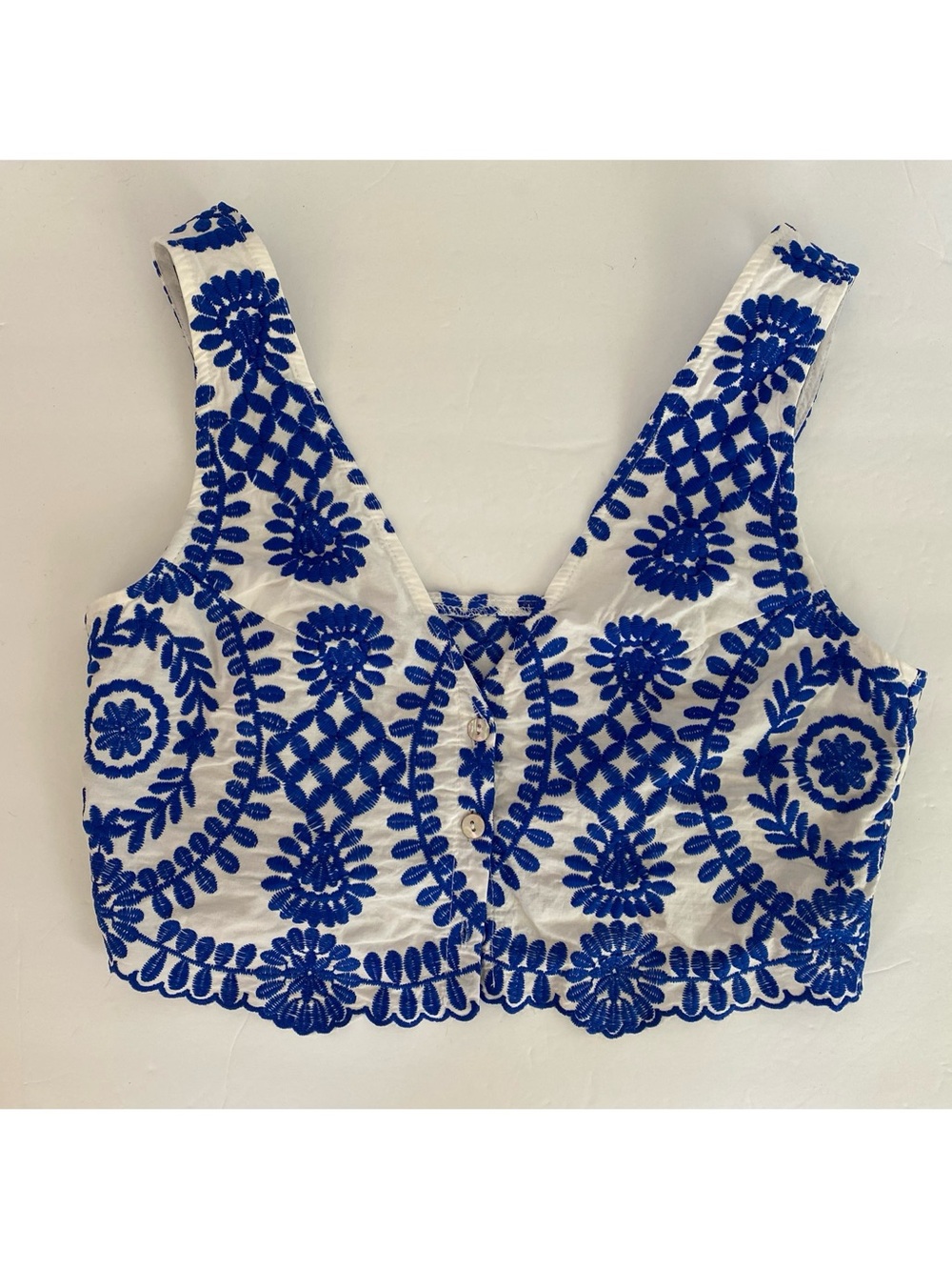 White cropped top with blue embroidery and front buttons.